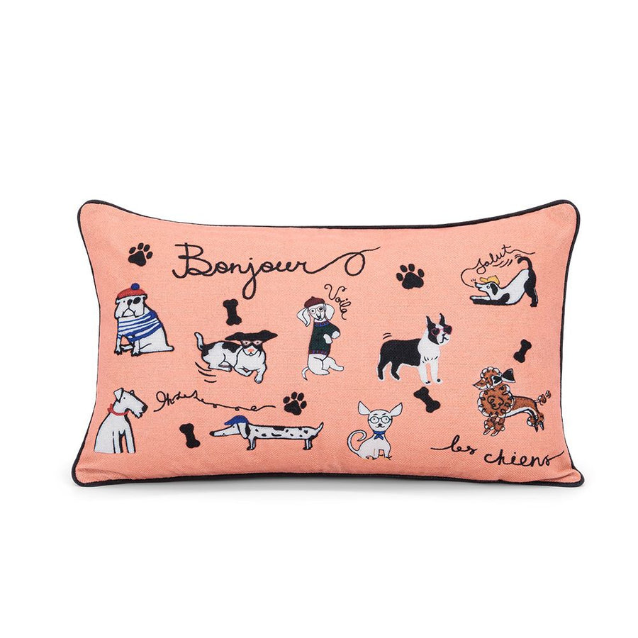 Bonjour Les Chiens (Coral - Printed Cushion)