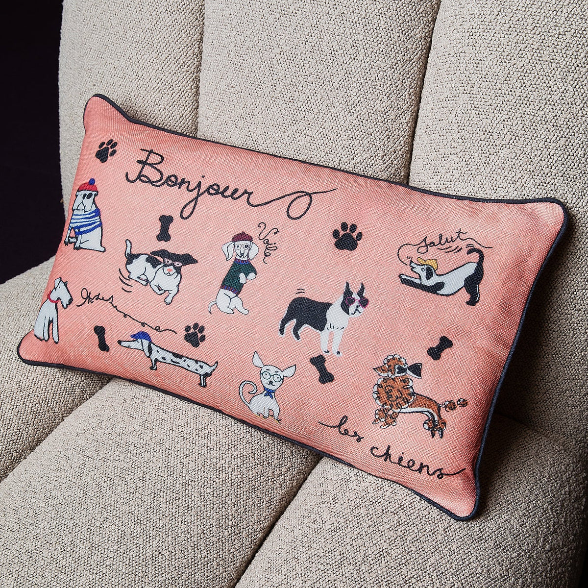 Bonjour Les Chiens (Coral - Printed Cushion)